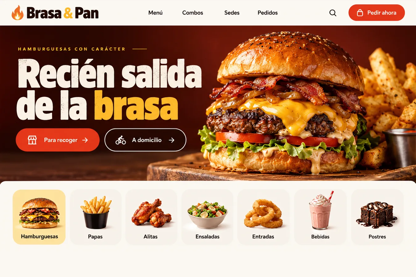 Portada de un restaurante de hamburguesas: una hamburguesa con papas, el titular «Recién salida de la brasa», los botones para recoger o a domicilio y las categorías del menú.