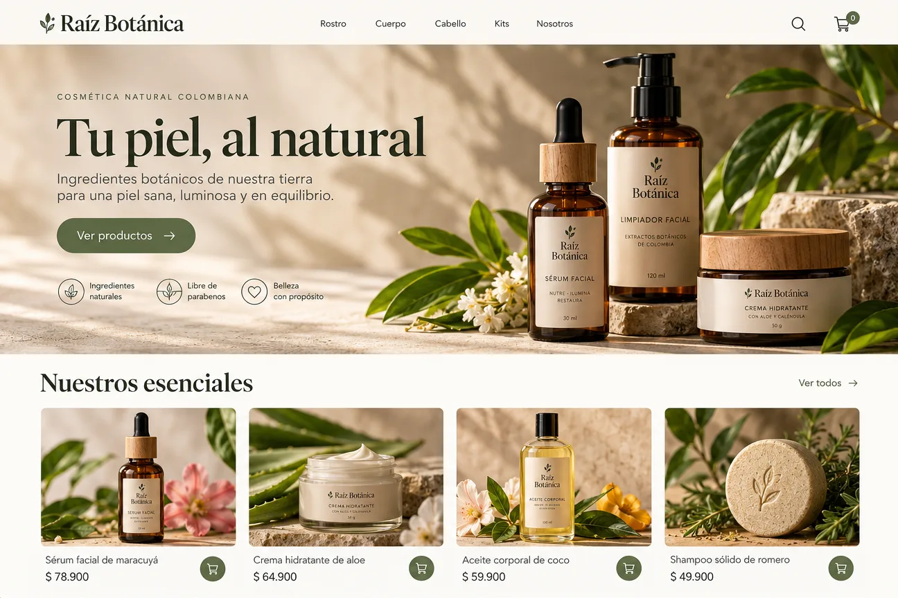 Portada de una tienda de cosmética natural: frascos de vidrio ámbar entre hojas, el titular «Tu piel, al natural» y una fila de productos con precio.